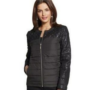 CHICOS MOTO Collarless Quilted Lace Puffer Jacket
